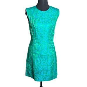 Vintage 60s Mod Green Turquoise Floral Brocade Sleeveless Shift Cocktail Dress